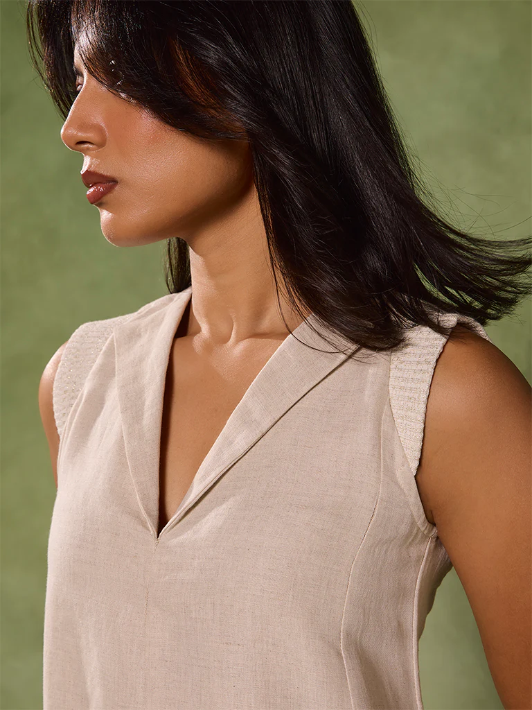 Solid Shift Dress – Beige - Image 3