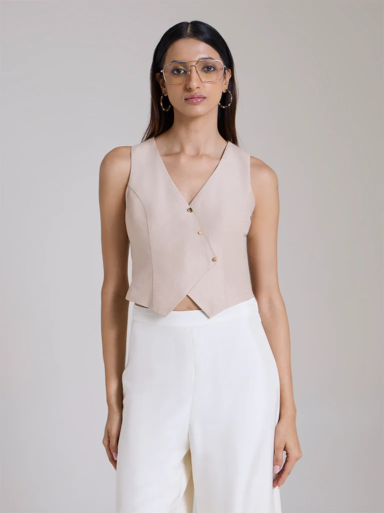 Solid Waistcoat – Beige - Image 2