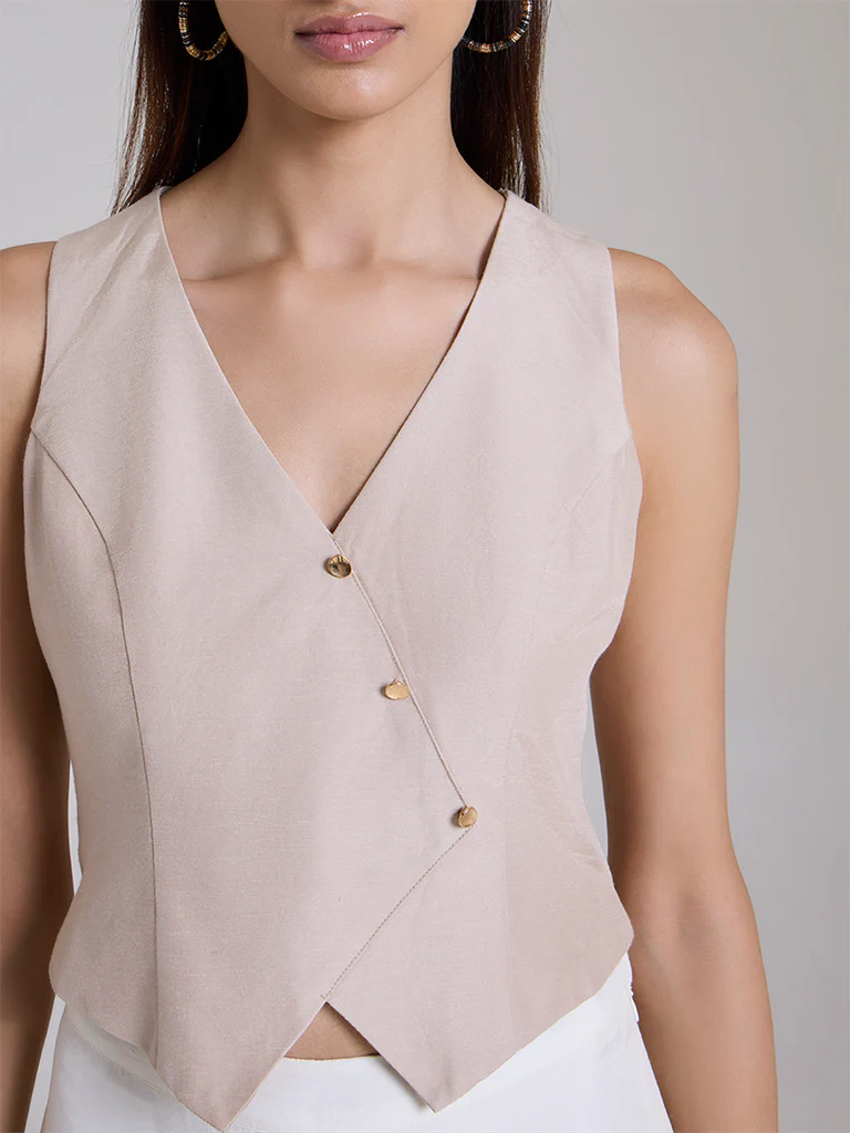 Solid Waistcoat – Beige - Image 3