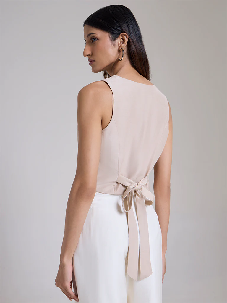 Solid Waistcoat – Beige - Image 4