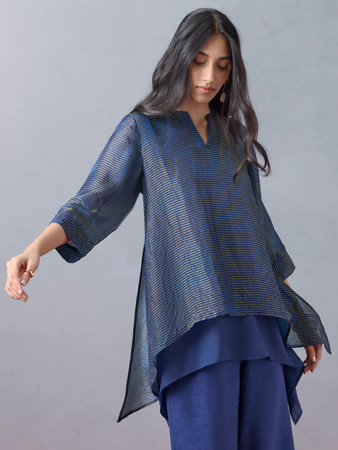 Striped High-Low Kurta - Blue - Image 2