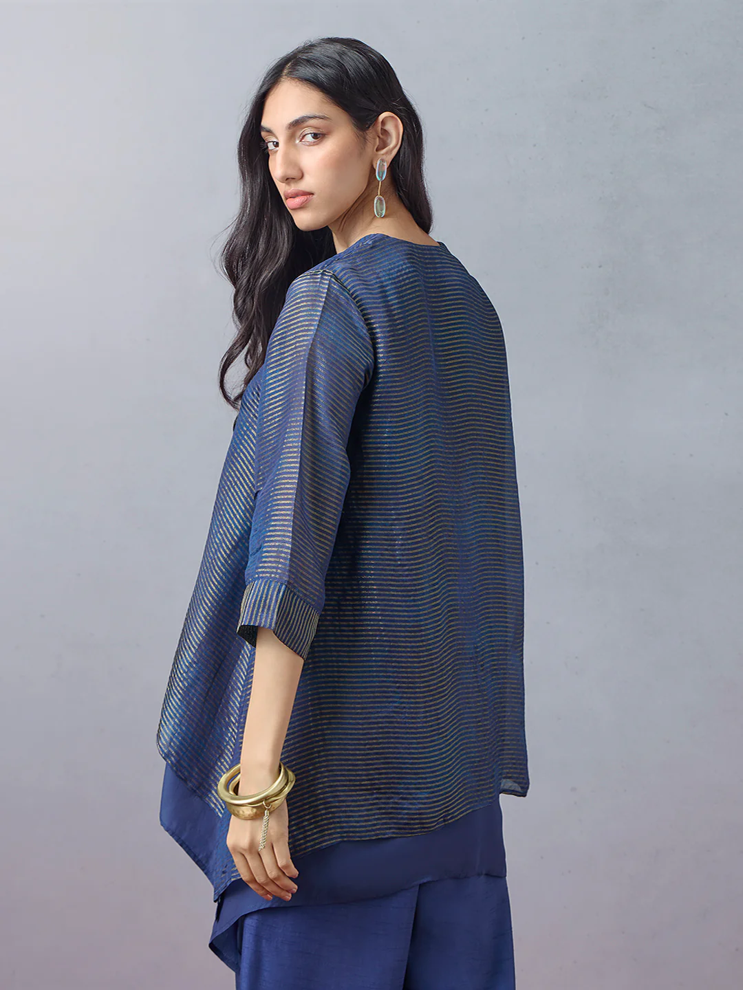 Striped High-Low Kurta - Blue - Image 4
