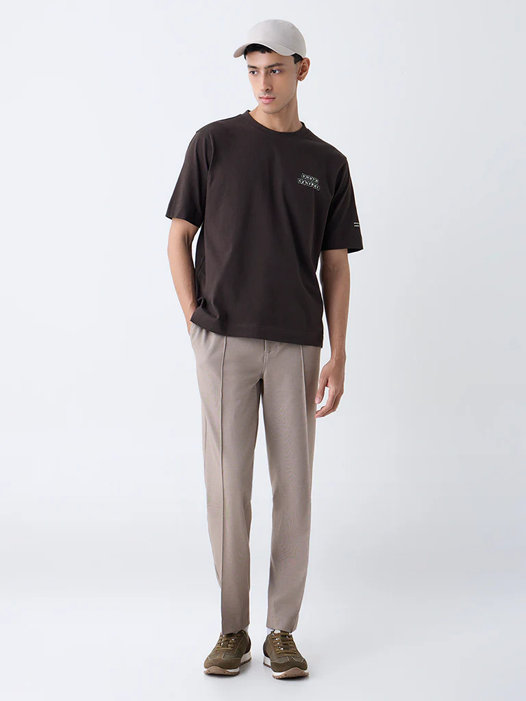 Studiofit Beige Solid Mid-Rise Track Pants