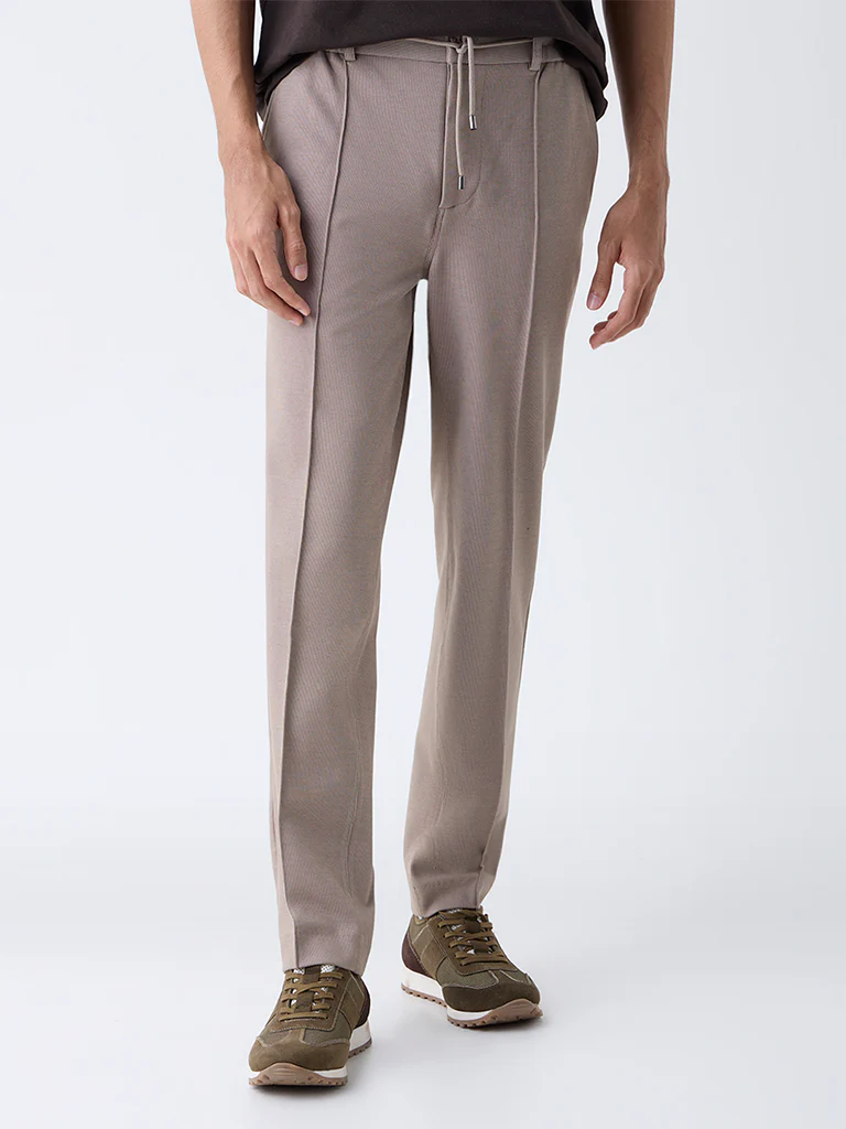 Studiofit Beige Solid Mid-Rise Track Pants - Image 3
