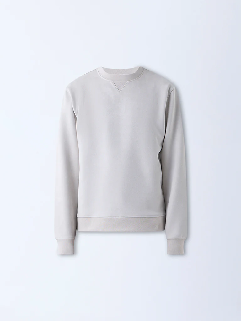 Studiofit Beige Solid Relaxed-Fit Suede Sweatshirt - Image 6