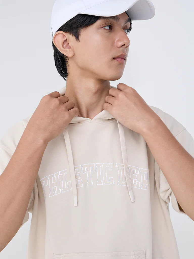 Studiofit Beige Text Pattern Relaxed-Fit Cotton-Blend Sweatshirt - Image 4
