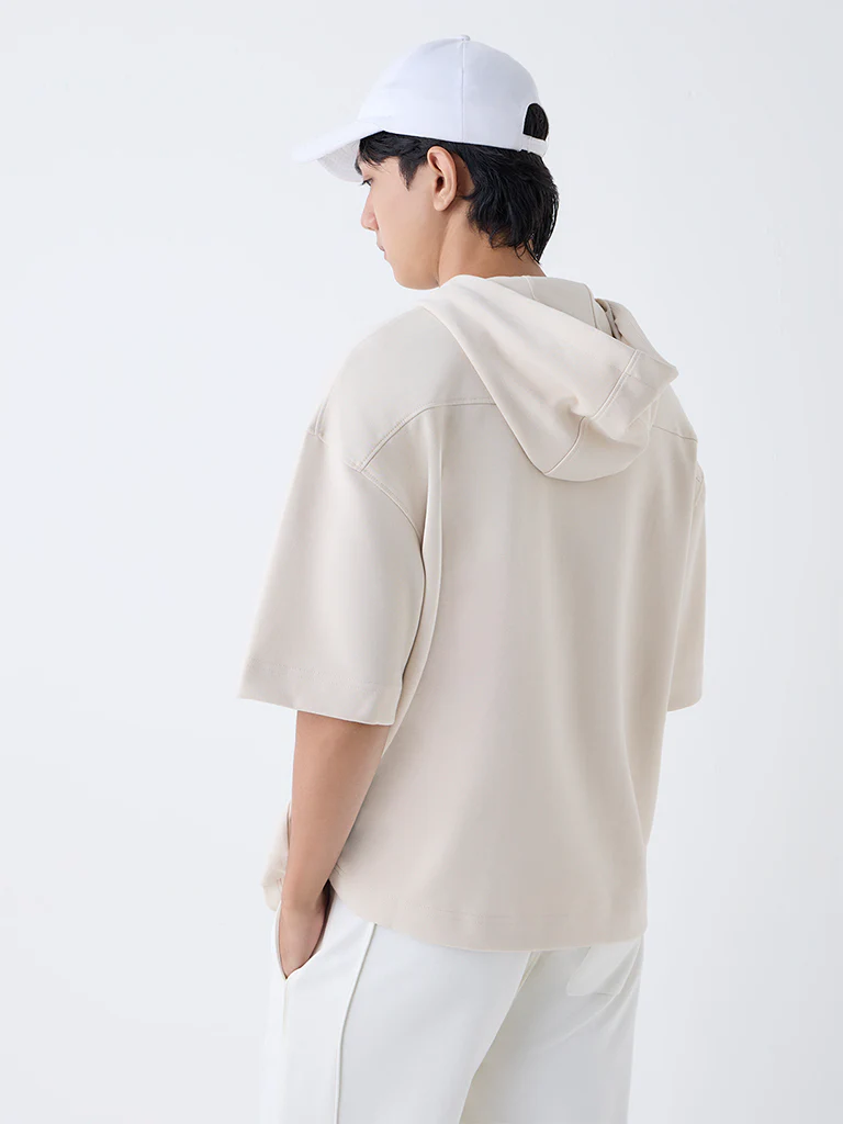Studiofit Beige Text Pattern Relaxed-Fit Cotton-Blend Sweatshirt - Image 5