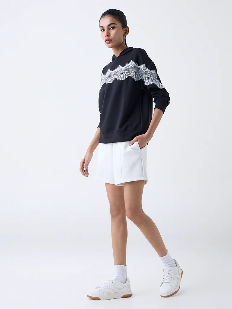 Studiofit Black Lace Detailed Hoodie - Image 2