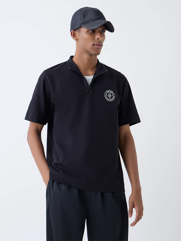 Studiofit Black Quarter-Zip Relaxed-Fit Cotton-Blend T-Shirt