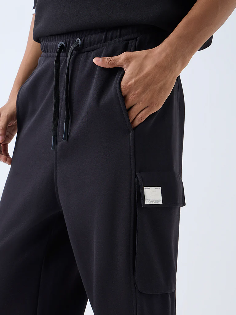 Studiofit Black Relaxed-Fit Mid-Rise Cotton-Blend Track Pants - Image 4