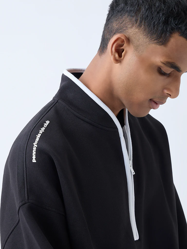 Studiofit Black Relaxed-Fit Quarter-Zip Cotton-Blend Sweatshirt - Image 3