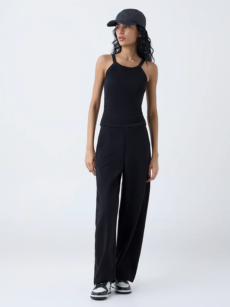 Studiofit Black Ribbed Cotton-Blend Top