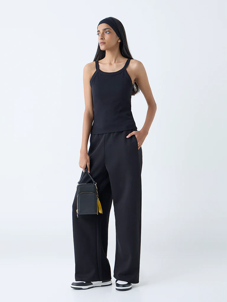 Studiofit Black Ribbed-Textured Cotton-Blend Tank Top - Image 2