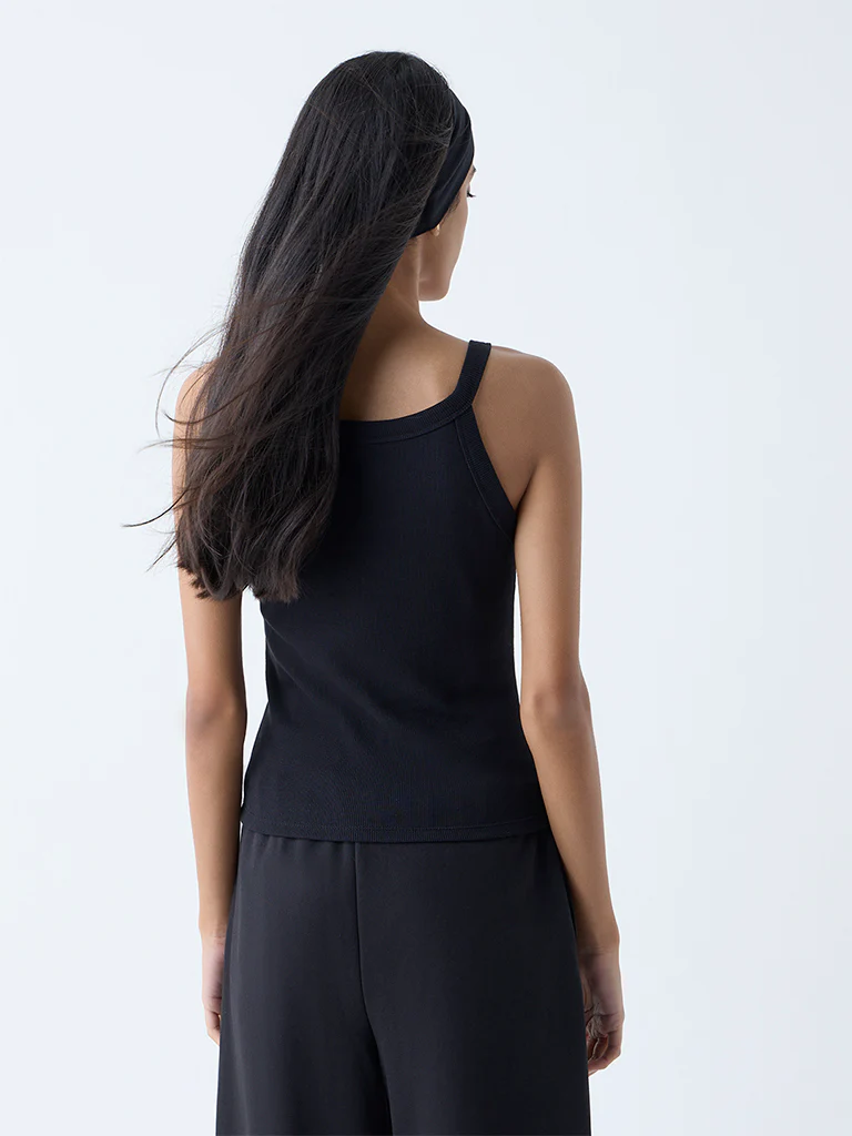 Studiofit Black Ribbed-Textured Cotton-Blend Tank Top - Image 4