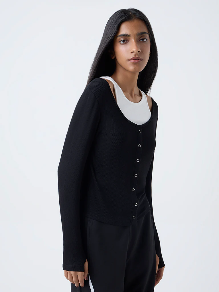 Studiofit Black Ribbed-Textured Top - Image 2
