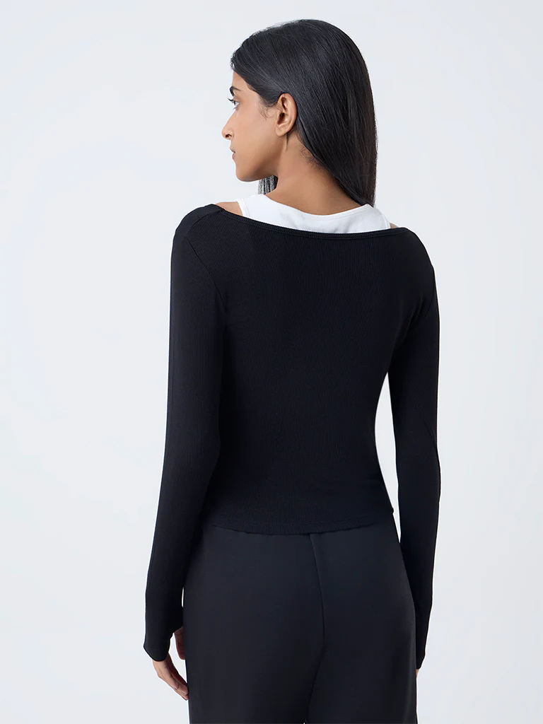 Studiofit Black Ribbed-Textured Top - Image 4