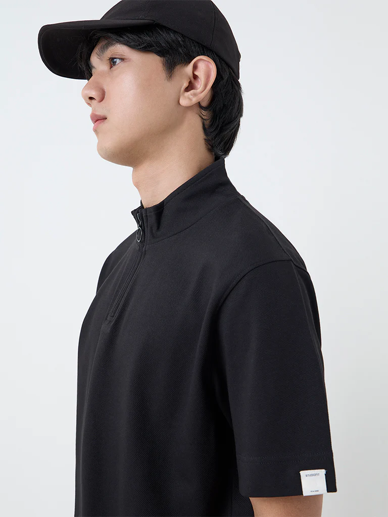 Studiofit Black Slim-Fit Quarter-Zip T-Shirt - Image 4