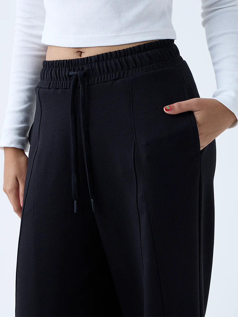 Studiofit Black Solid High-Rise Track Pants - Image 3