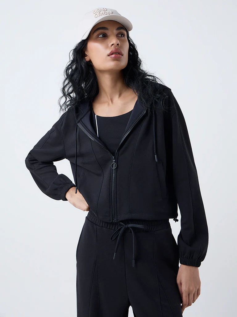 Studiofit Black Solid Hooded Jacket - Image 2