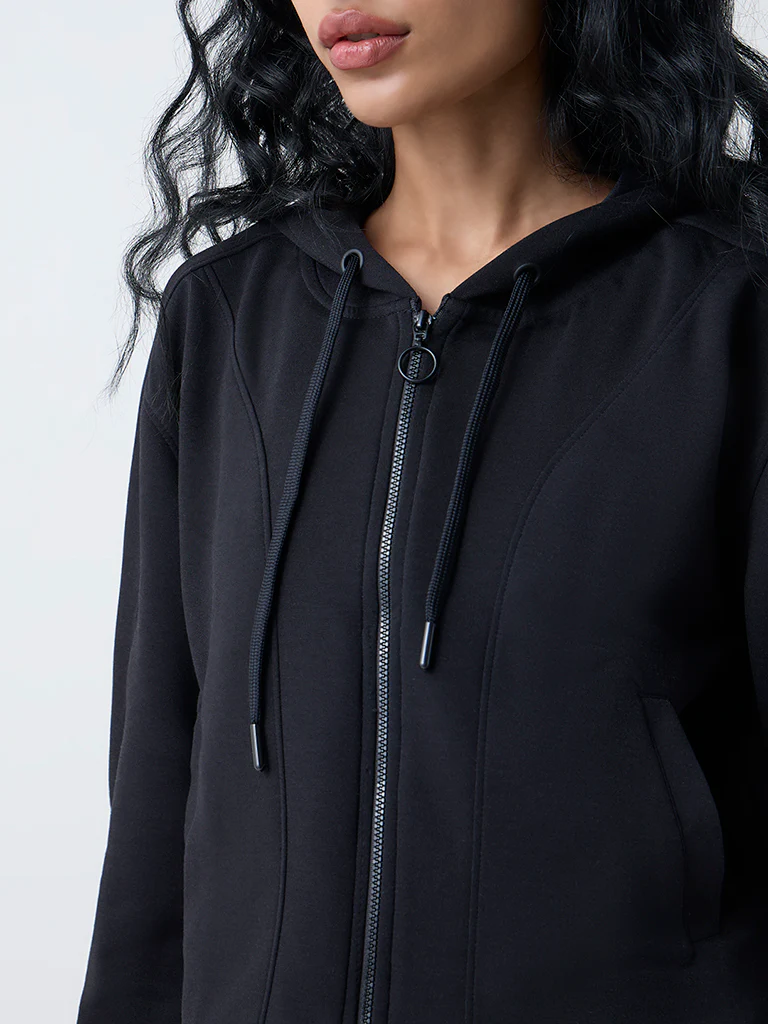 Studiofit Black Solid Hooded Jacket - Image 3