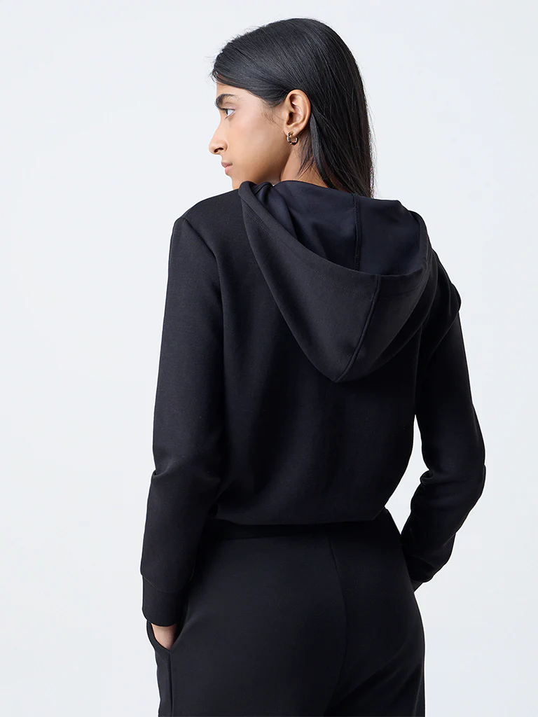 Studiofit Black Solid Hooded Jacket - Image 4