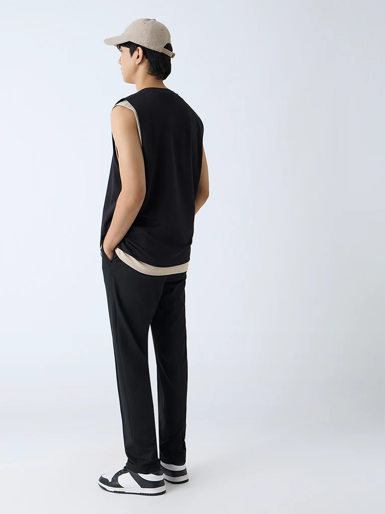 Studiofit Black Solid Relaxed-Fit Mid-Rise Pants - Image 5