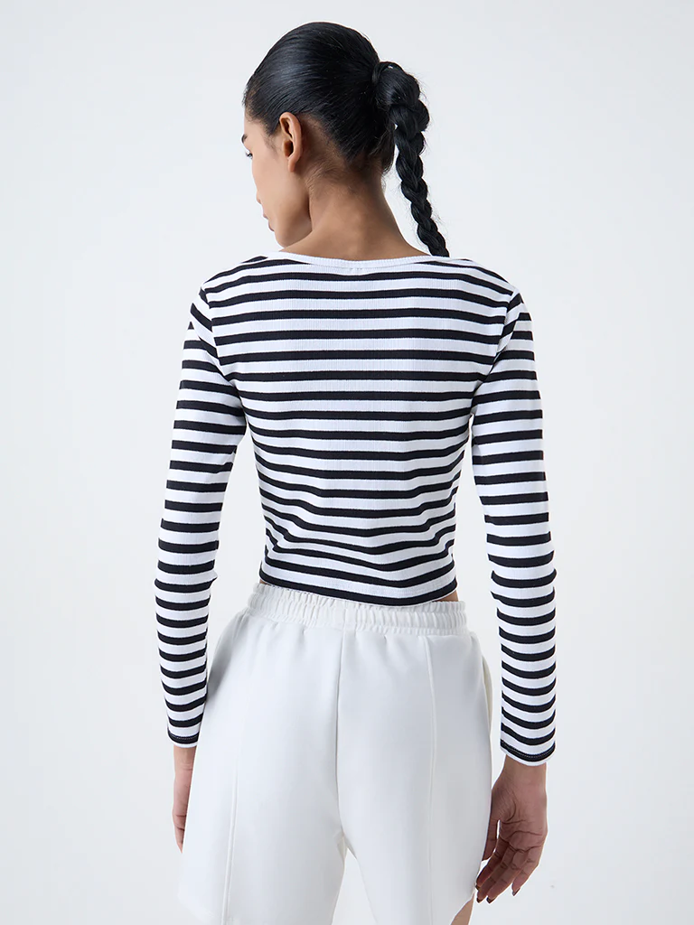 Studiofit Black Striped Cotton-Blend Henley T-Shirt - Image 4