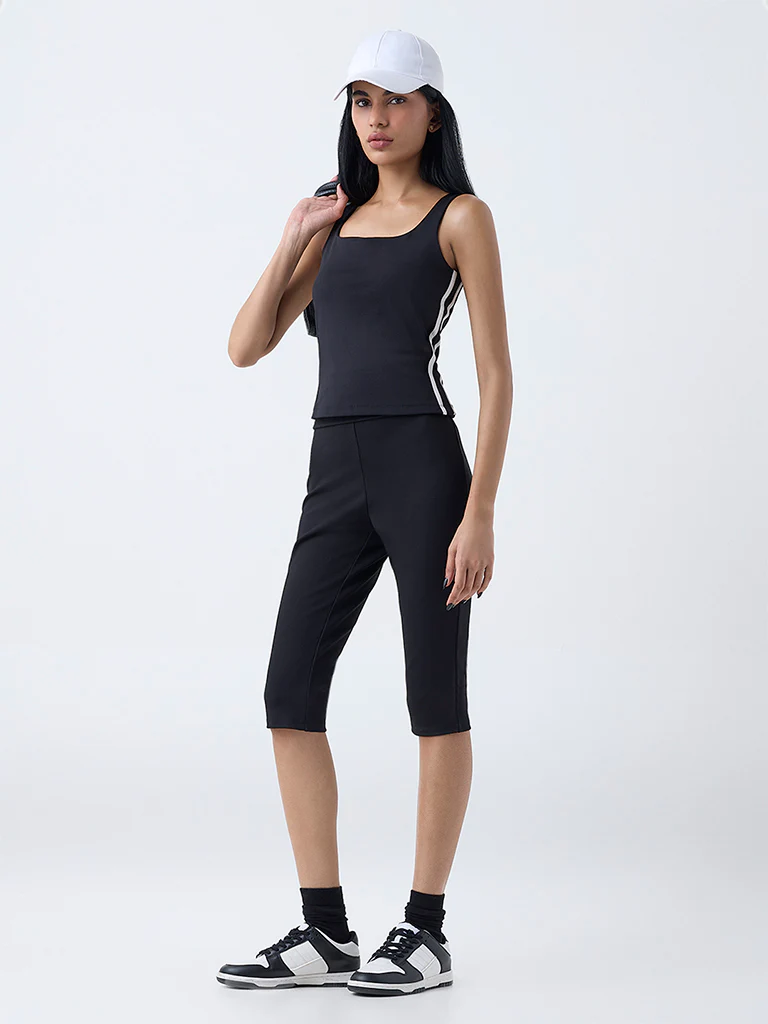 Studiofit Black Striped Cotton-Blend Top