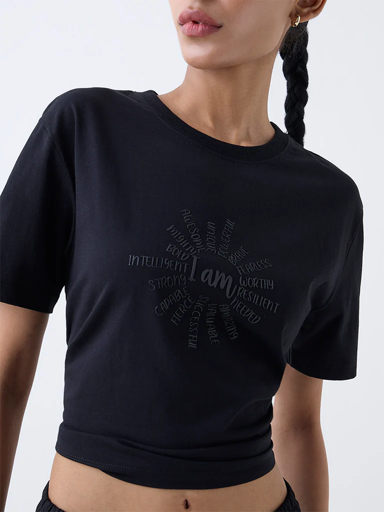 Studiofit Black Text Design Cotton T-Shirt - Image 3