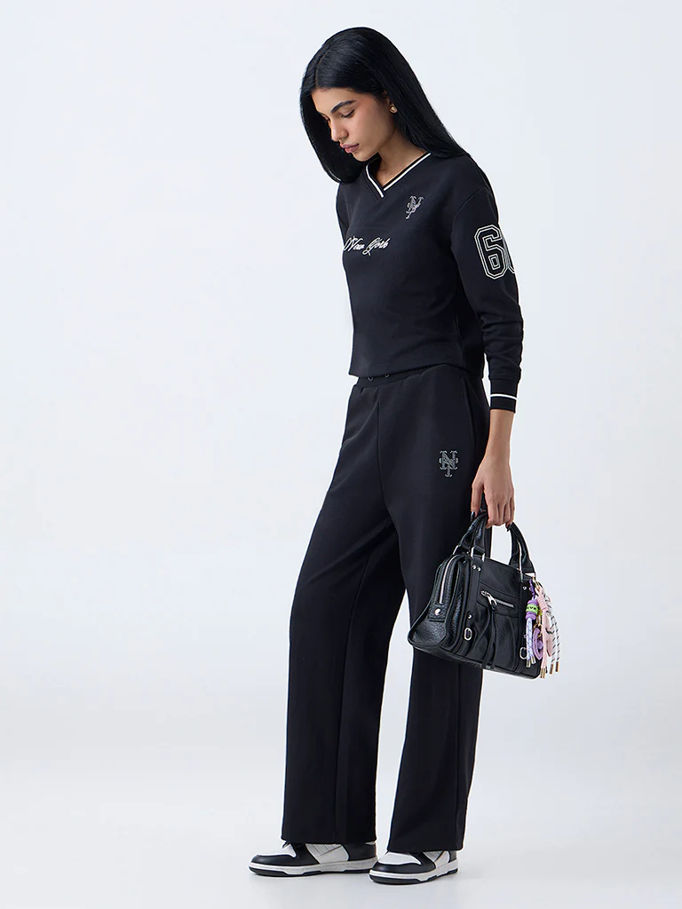 Studiofit Black Text Printed Cotton-Blend T-Shirt