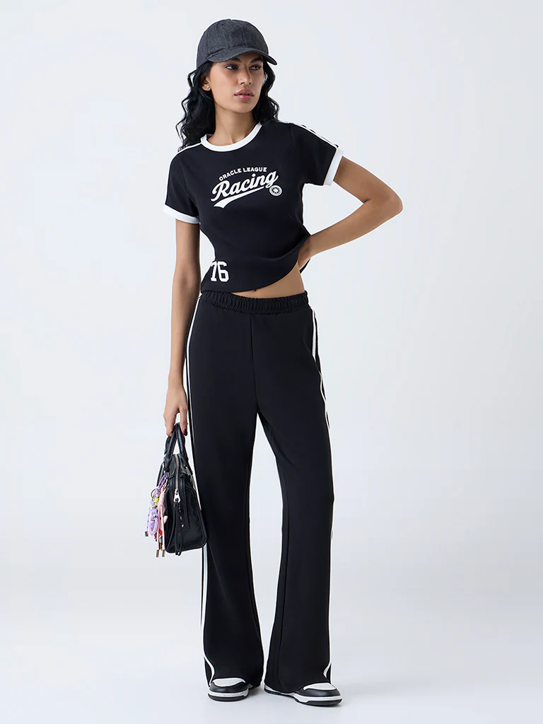 Studiofit Black Text Printed Cotton-Blend T-Shirt
