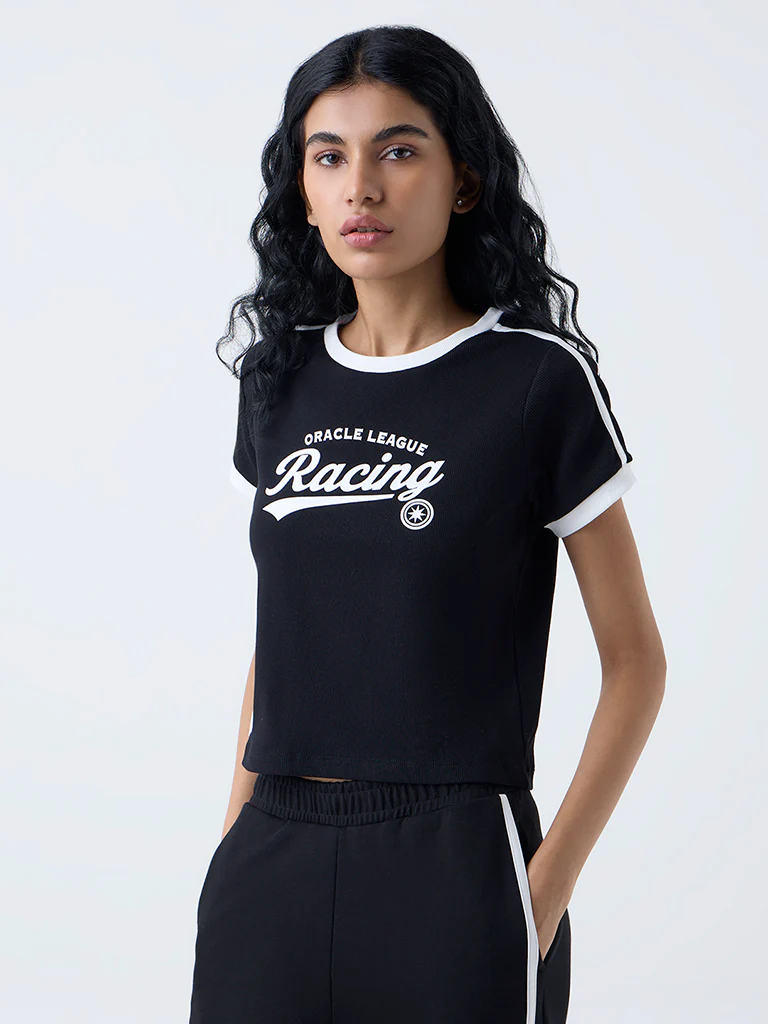 Studiofit Black Text Printed Cotton-Blend T-Shirt - Image 2