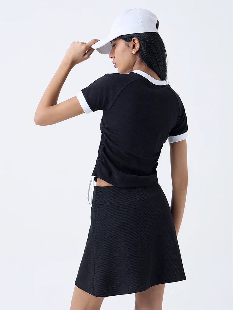 Studiofit Black Typographic Knit-Textured Top - Image 4