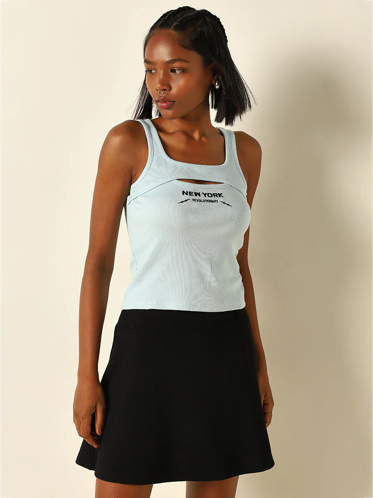 Studiofit Blue Embroidered Cotton-Blend Tank Top - Image 3