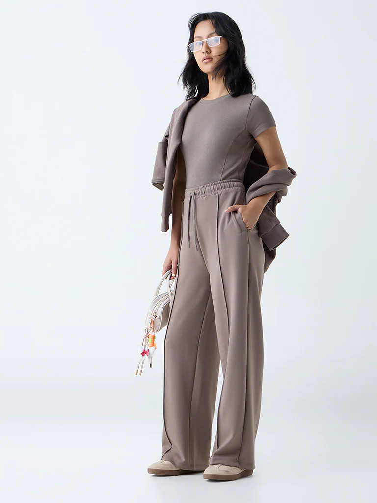 Studiofit Brown Solid High-Rise Track Pants