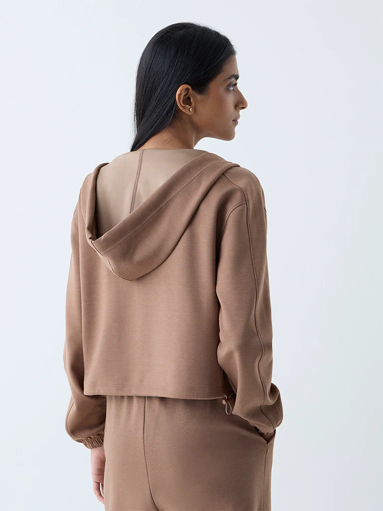 Studiofit Brown Solid Hooded Jacket - Image 4