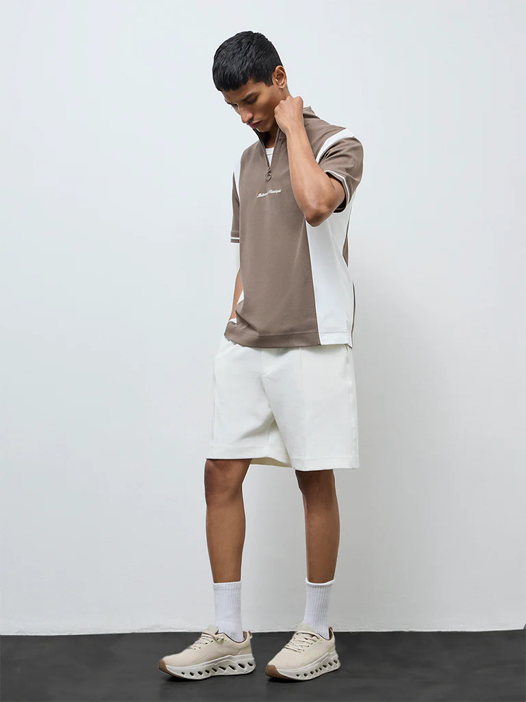 Studiofit Brown Text Design Quarter-Zip Slim-Fit Cotton-Blend T-Shirt - Image 3
