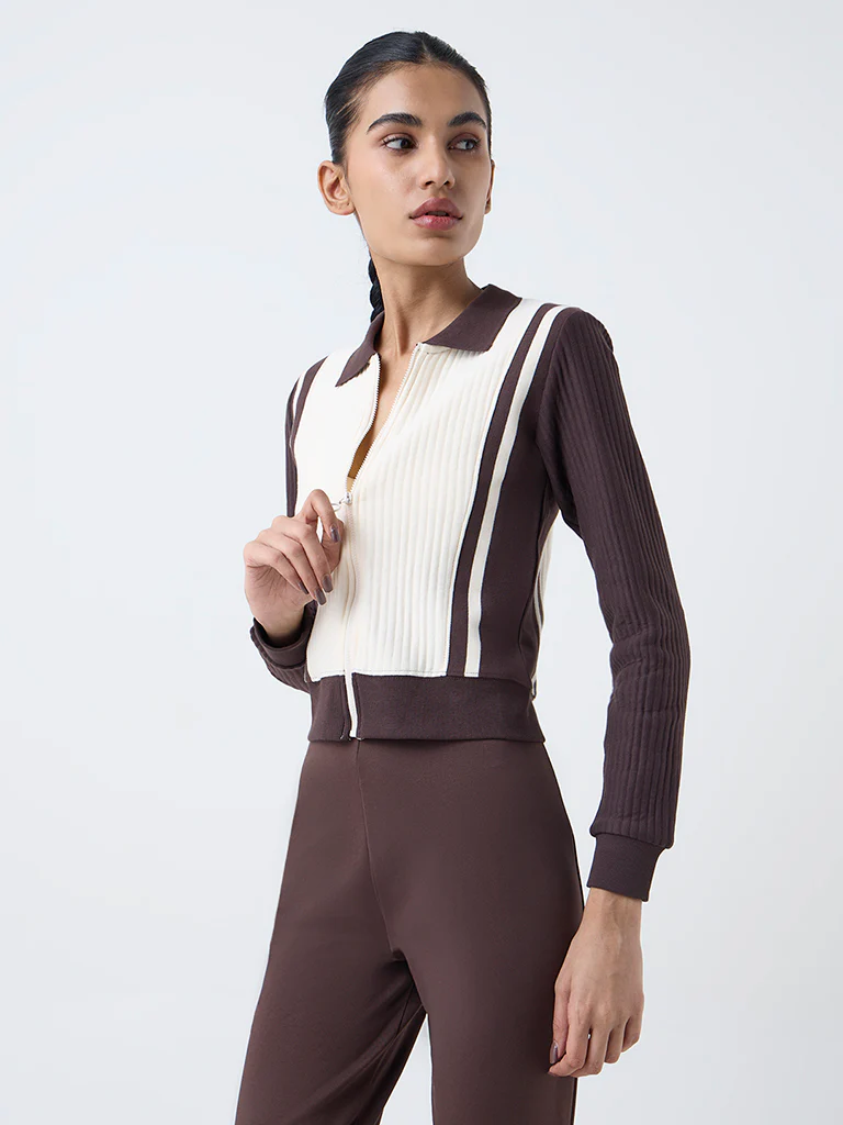 Studiofit Cream Colour-Blocked Cotton-Blend Jacket