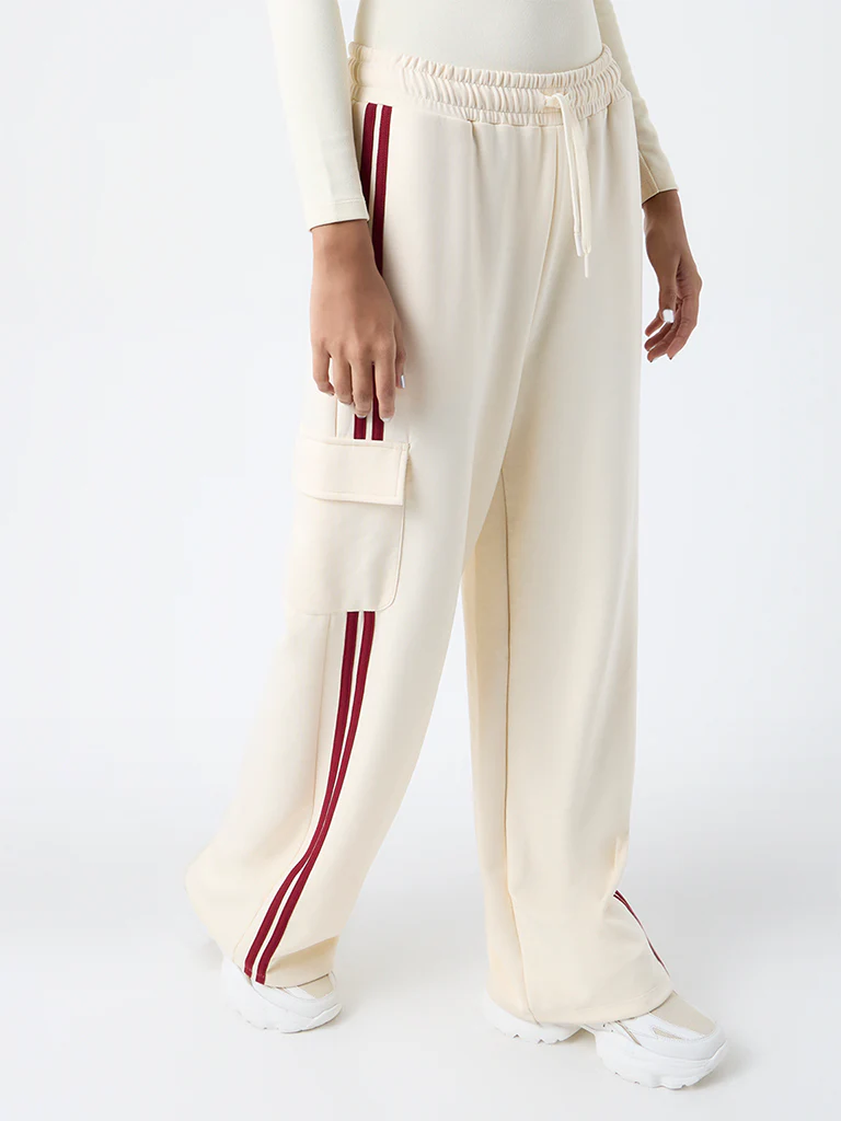 Studiofit Cream Stripe Detailed High-Rise Track Pants - Image 2