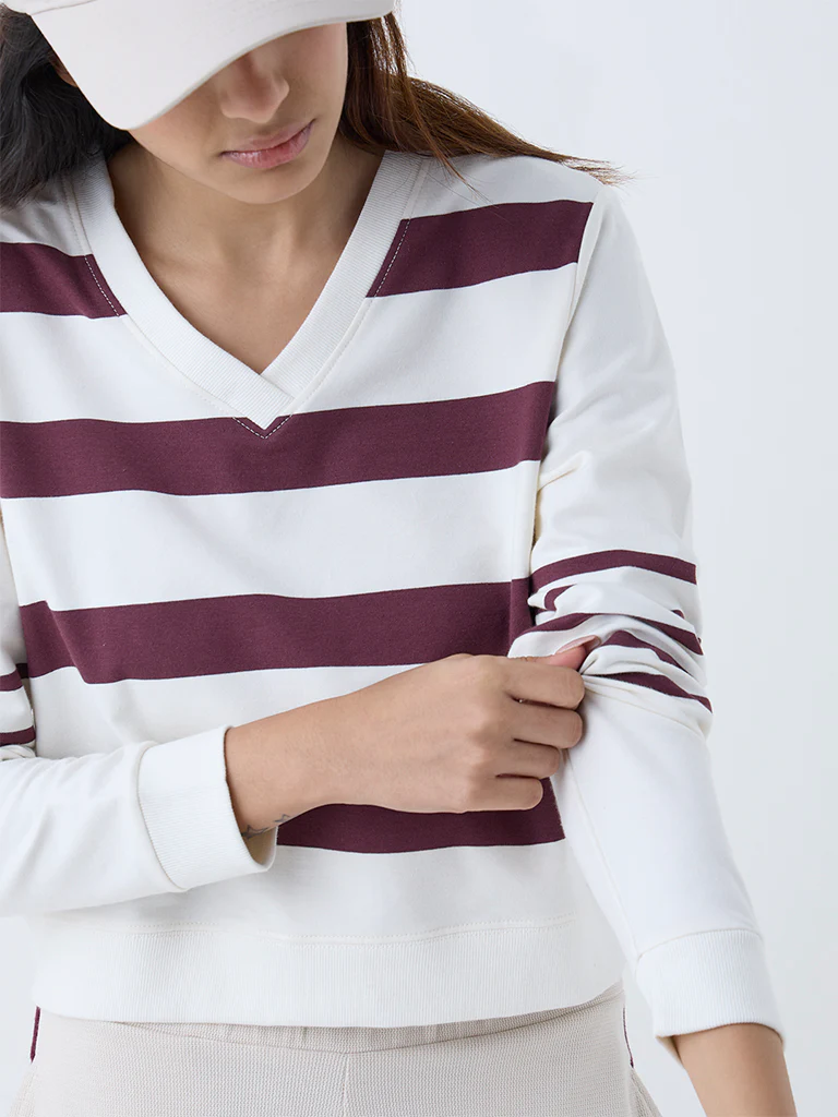 Studiofit Cream Striped Cotton-Blend T-Shirt - Image 3