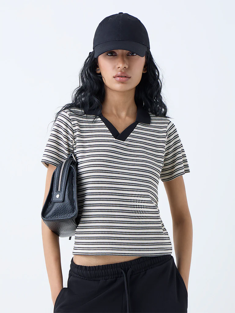 Studiofit Cream Striped Cotton-Blend T-Shirt