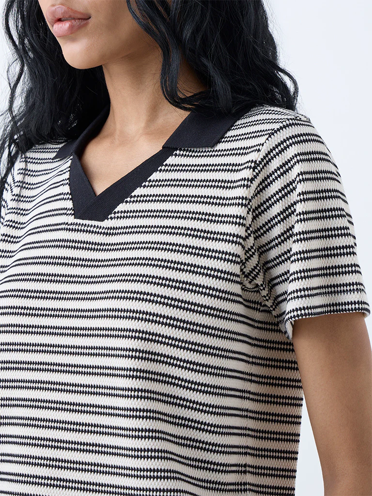 Studiofit Cream Striped Cotton-Blend T-Shirt - Image 3