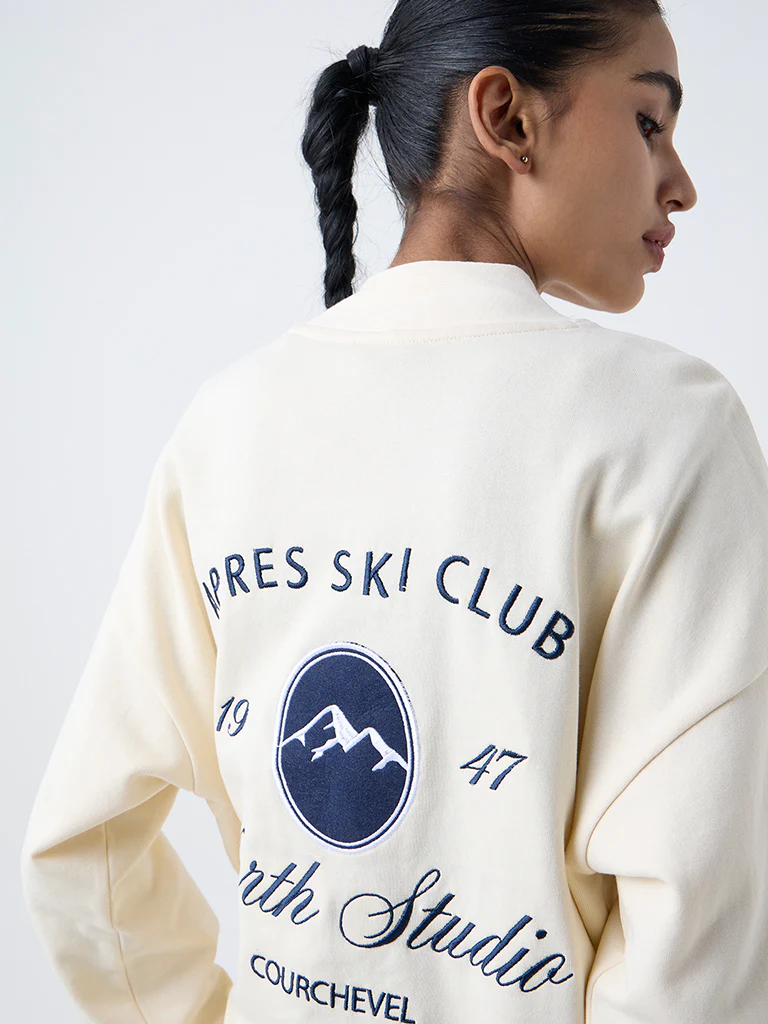 Studiofit Cream Text Design Cotton Sweatshirt - Image 3