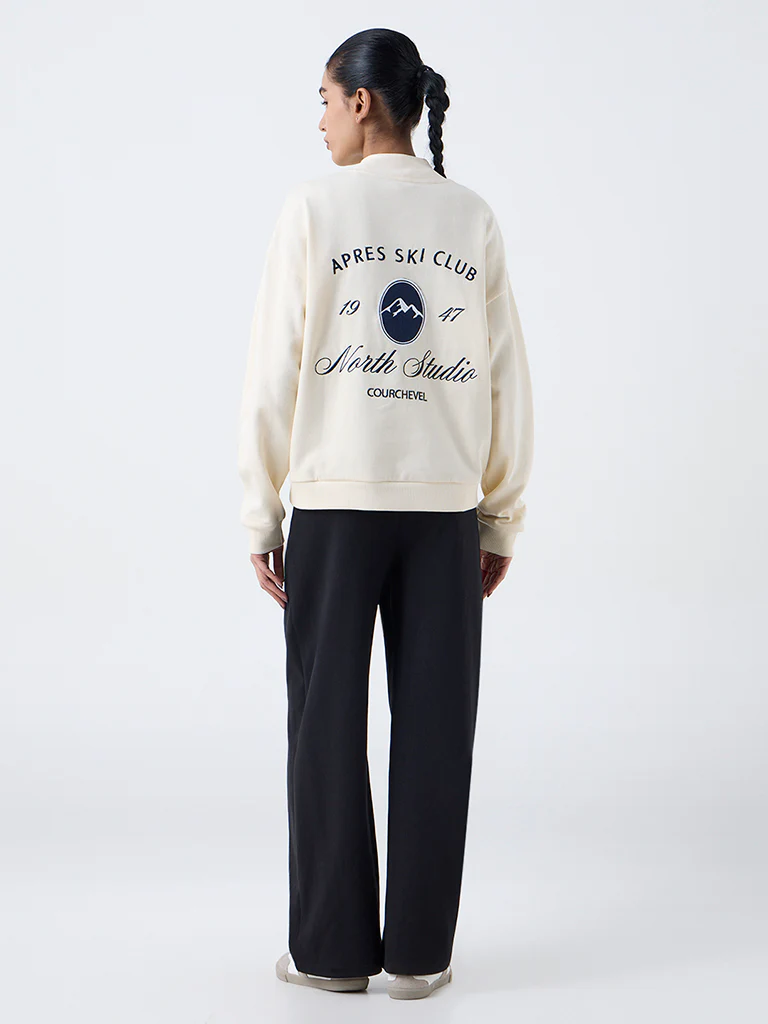 Studiofit Cream Text Design Cotton Sweatshirt - Image 4