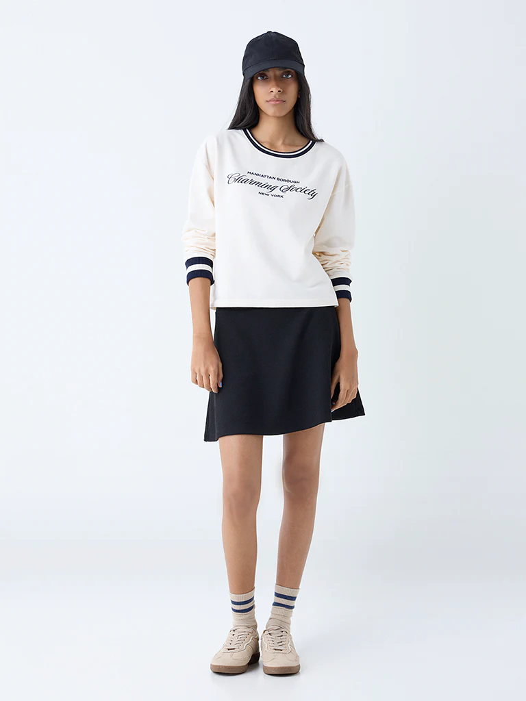 Studiofit Cream Text Detailed Cotton Sweatshirt - Image 2