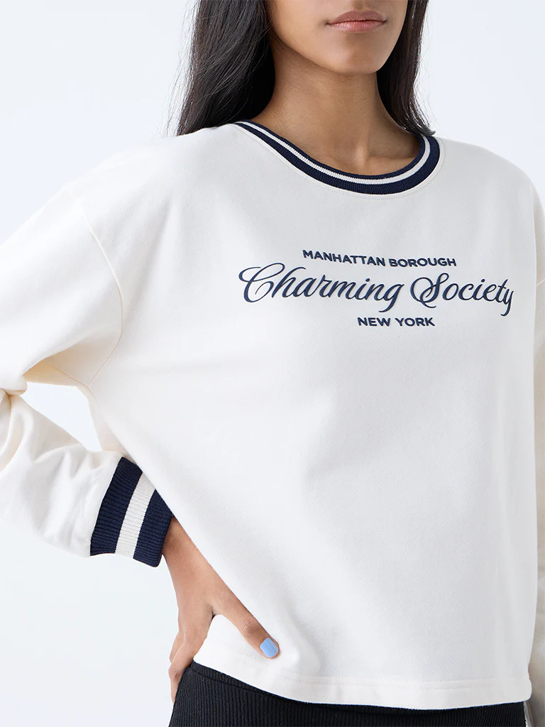 Studiofit Cream Text Detailed Cotton Sweatshirt - Image 3