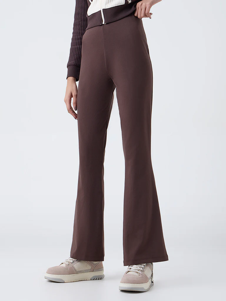 Studiofit Dark Brown Bootcut High-Rise Cotton-Blend Pants - Image 2