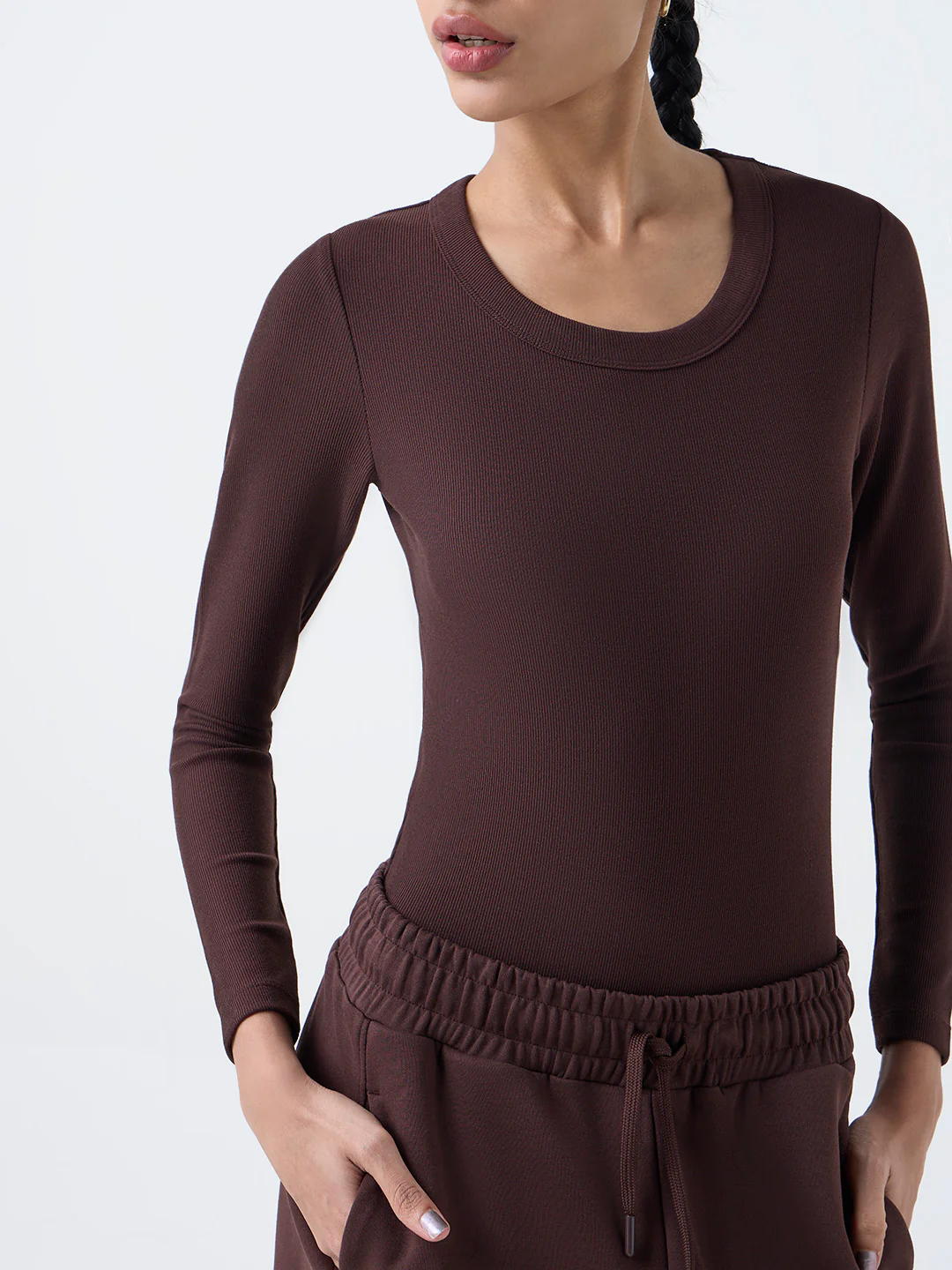 Studiofit Dark Brown Ribbed-Textured Bodysuit - Image 3