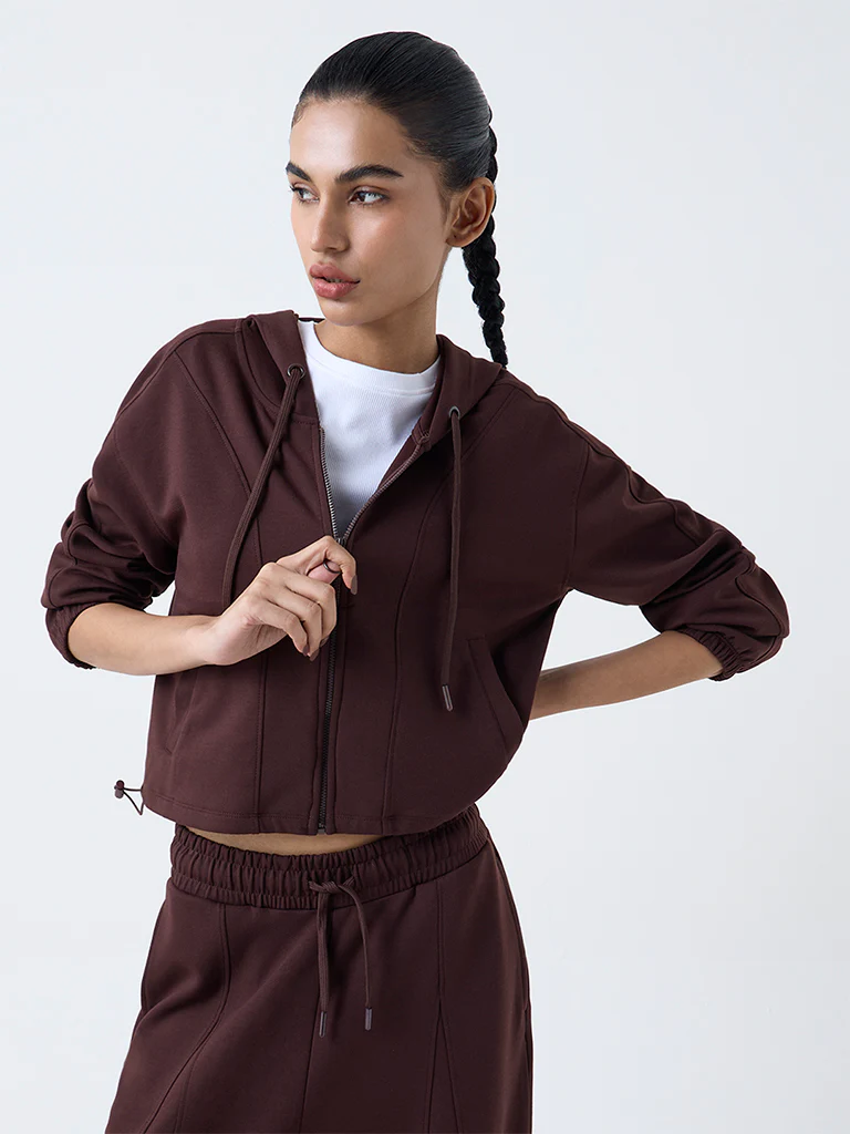 Studiofit Dark Brown Solid Hooded Jacket