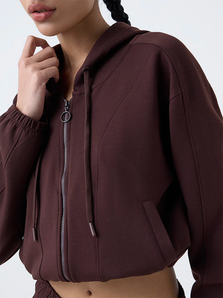 Studiofit Dark Brown Solid Hooded Jacket - Image 3